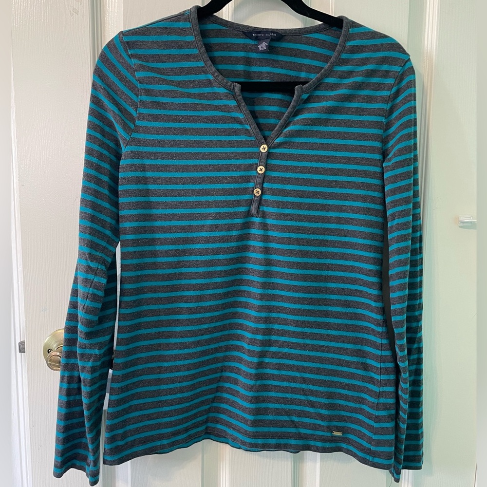 Tommy Hilfiger M long sleeve gray & teal striped shirt - very soft, rarely worn